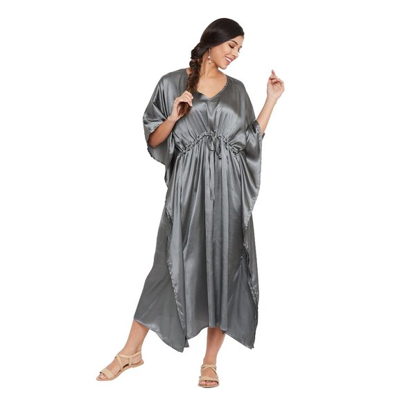 Womens Gray Night Dress with Sleeve Comfortable Silky Soft Kaftan Ladies Nighty - Picture 2 of 7